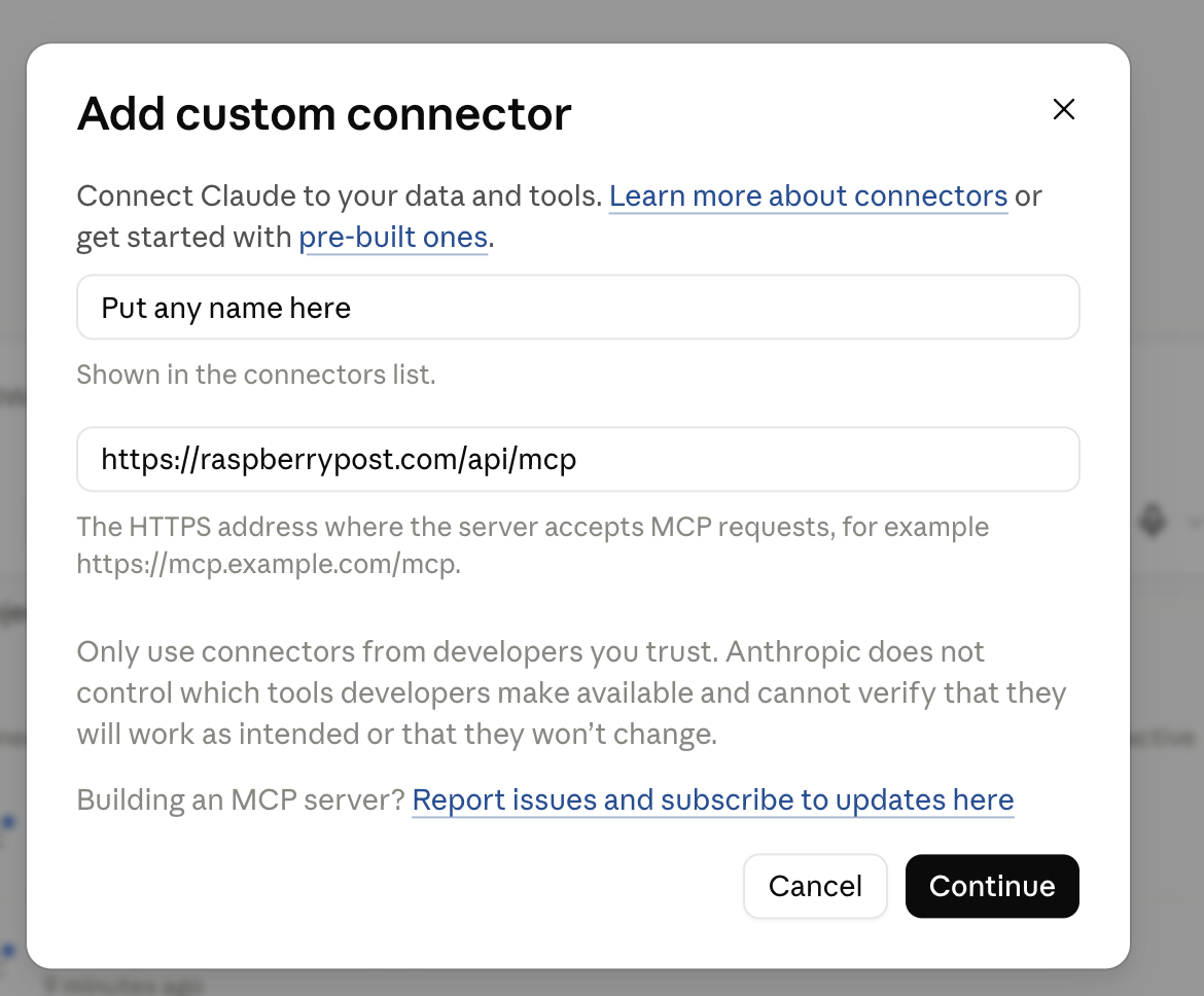 The dialog with a name and the connector URL filled in