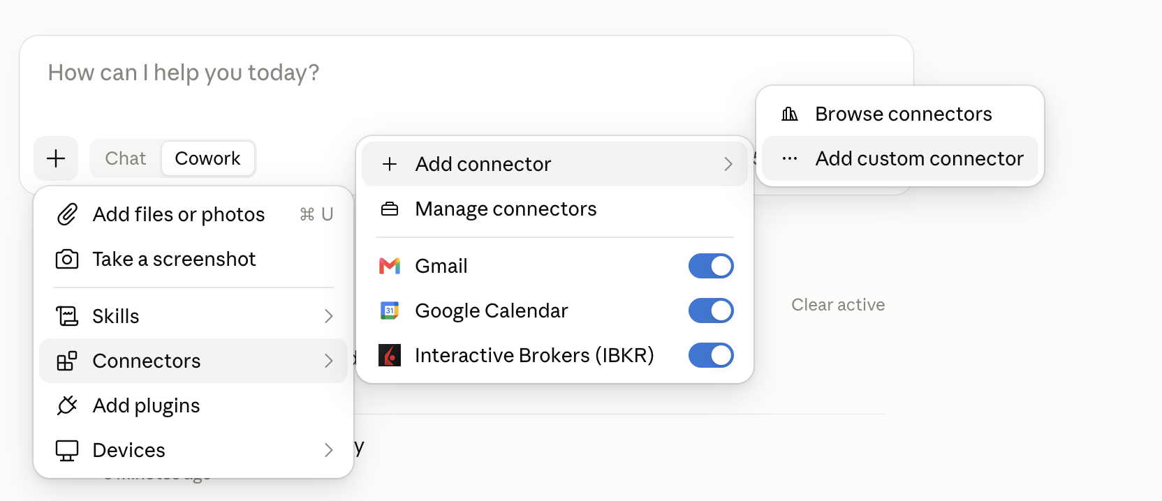 The + menu, with Add custom connector at the end of the chain